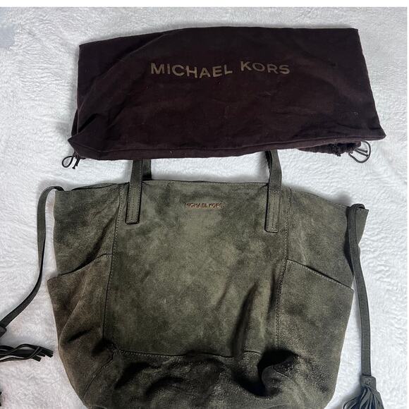 Michael Kors Suede Leather Tote Army Green Large Shoulder Bag Tassel Boho Purse - Picture 13 of 16